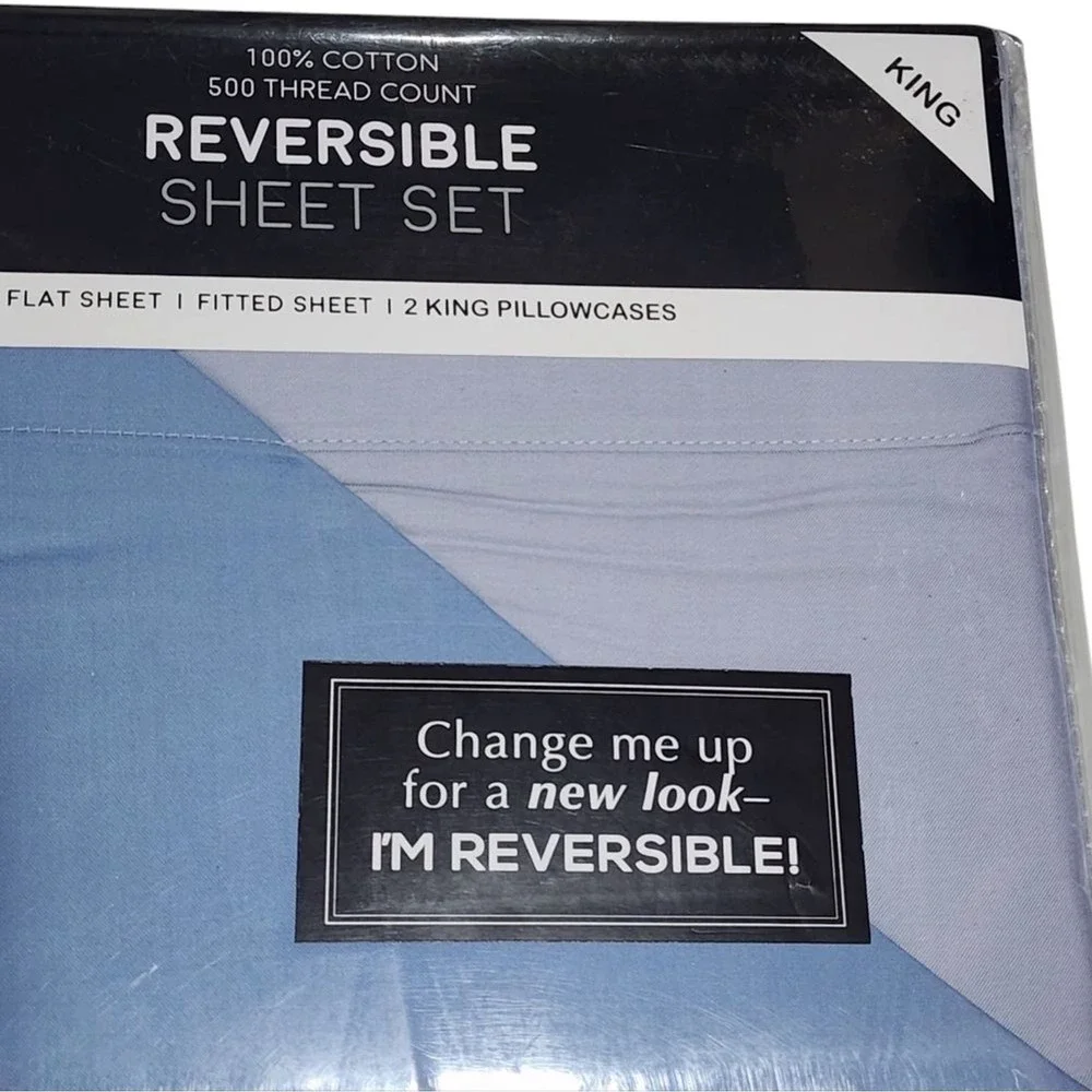 King Size 500 Thread Count Cotton Reversible Blue Sheet Set 4pc Two Looks in One